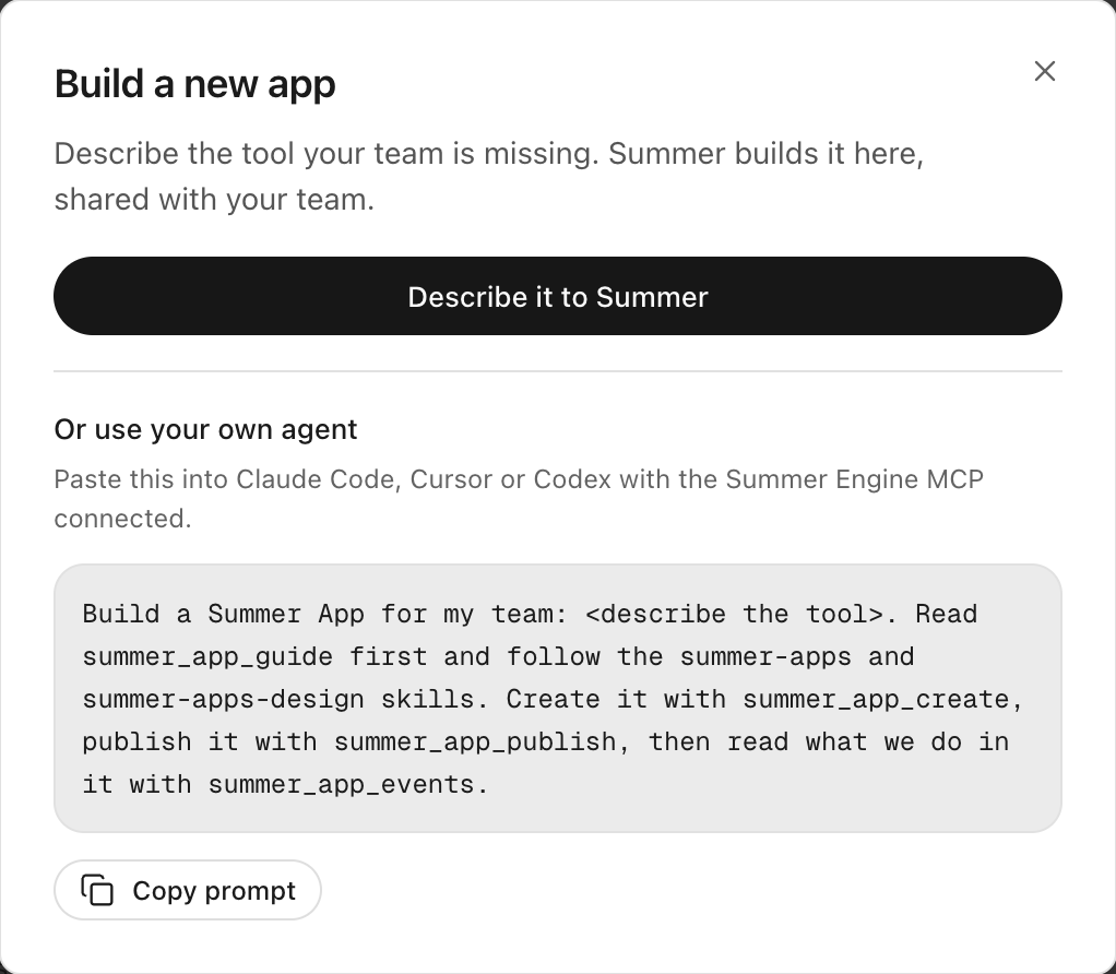 The Build a new app dialog in Summer Studio, with a Describe it to Summer button for the Studio chat and a Copy prompt button for Claude Code, Cursor or Codex